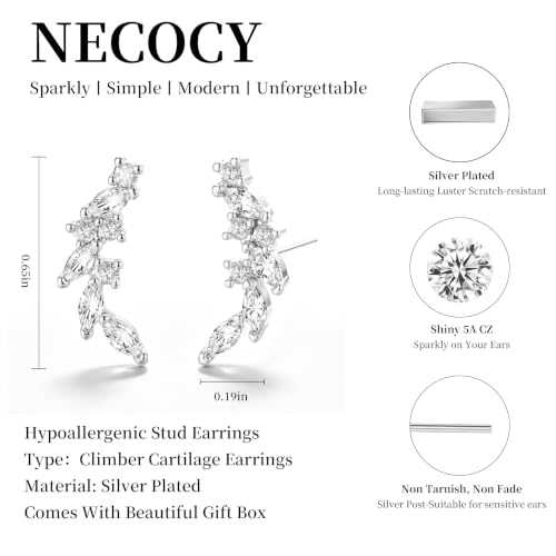 Ear Climber Earrings for Women, 14K Gold Plated/Silver Plated | Crawler Earrings Pierced with Cubic Zirconia, Hypoallergenic Cluster Stud Tragus Conch Daith Cartilage Jewelry Gift for Daily - color: Silver-2