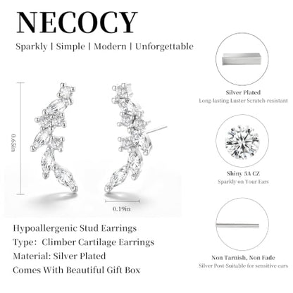 Ear Climber Earrings for Women, 14K Gold Plated/Silver Plated | Crawler Earrings Pierced with Cubic Zirconia, Hypoallergenic Cluster Stud Tragus Conch Daith Cartilage Jewelry Gift for Daily - color: Silver-2