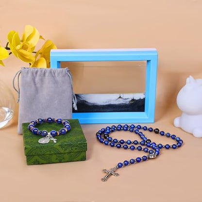 Rosary for Men Women, Natural Stone Beads with St. Benedict Bracelet | 8 mm Natural Stone Prayer Beads with 10 mm Accent Beads, St. Benedict Crucifix, Matching Bracelet, Gift Box and Pouch. - color: Lapis Lazuli