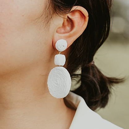 Statement Raffia Boho Round Dangle Ball Earrings - Cute Handmade Summer Bohemian Dangling Jewelry for Women - color: White