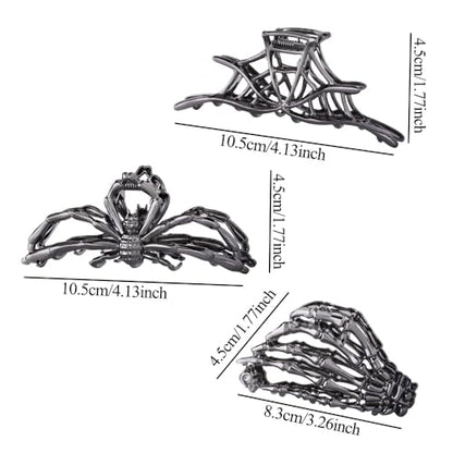 3PCS Black Spider Web Skeleton Hand Skull Hair Claw Clips for Women And Girls, Hiphop Metal Large Medium Size for Thick Thin Hair, Headband Barrette for styling Hair Accessories Party Gift (Black Gun)