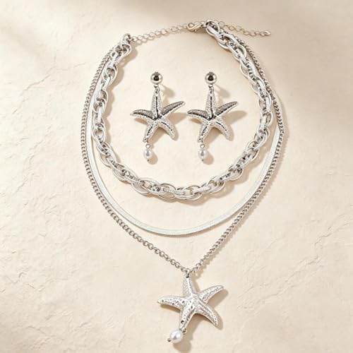 Gold Layered Stackable Starfish Earrings Necklace Sets for Women,Boho Faux Pearl Earrings Chunky Herringbone Pendant Necklace Ocean Matching Jewelry Gifts - color: Silver