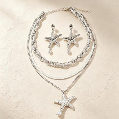 Gold Layered Stackable Starfish Earrings Necklace Sets for Women,Boho Faux Pearl Earrings Chunky Herringbone Pendant Necklace Ocean Matching Jewelry Gifts - color: Silver