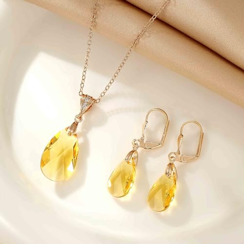 Austrian Crystals Teardrop Pendant Necklace Earrings for Women 14K Gold Plated Hypoallergenic Leverback Drop Dangle Earrings Jewelry Set - color: Yellow