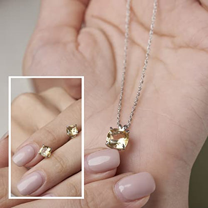 MAX + STONE 14k Gold Plated or Sterling Silver Cushion Cut Gemstone Stud Earrings and Pendant Necklace for Women with 6mm and 8mm Birthstones 18 Inch Chain and Push Backs Jewelry Set - style: Sterling Silver|Genuine Citrine