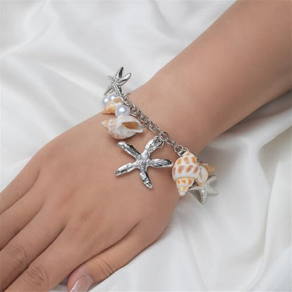 Spiritrain Handmade Starfish Seashell Pearl Bracelets for Women Gold Plated Bohemian Charm Sea Shell Couch Beads Adjustable Chain Anklet Bracelets Hawaiian Beach Holiday Mermaid Costume Jewelry Gifts - color: Silver