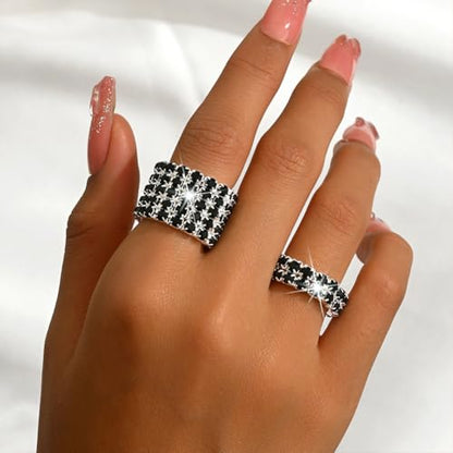 Fashion Silver Bling Rhinestone Crystal Stretch Rings Set for Women | Sparkly Rhinestone Elastic Finger Nail Ring Glitter Stretchy Stack Statement Knuckle Rings Cocktail Jewelry Accessories Pack - color: Black-1