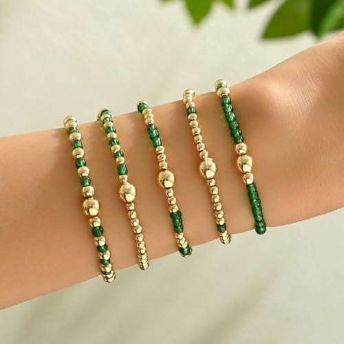 LOTSOF Bohemia Multilayer Beaded Bracelet Set, Turquoise Resin Colorful Surfer Heishi Style Elastic Spring Clasp Friendship Elastic Wristbands Summer Beach Boho Vacation Jewelry - color: Green