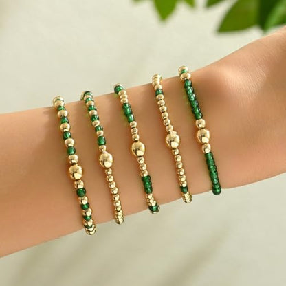 LOTSOF Bohemia Multilayer Beaded Bracelet Set, Turquoise Resin Colorful Surfer Heishi Style Elastic Spring Clasp Friendship Elastic Wristbands Summer Beach Boho Vacation Jewelry - color: Green