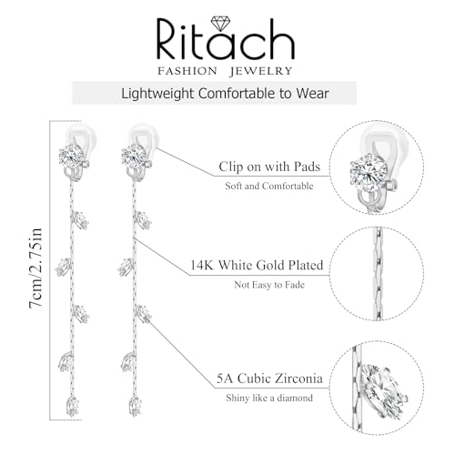 Gold/Silver Clip on Earrings Non Pierced for Women - 14K Gold Plated Long Tasse Drop Dangle Clip Earrings - Cubic Zirconia Leaf Earrings for Women Gold Wedding Jewelry Gifts - color: Silver-cz