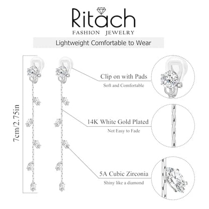 Gold/Silver Clip on Earrings Non Pierced for Women - 14K Gold Plated Long Tasse Drop Dangle Clip Earrings - Cubic Zirconia Leaf Earrings for Women Gold Wedding Jewelry Gifts - color: Silver-cz