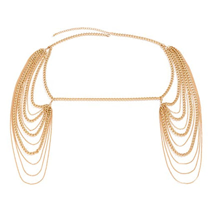 Summer Beach Punk Shoulder Body Chain Multi-Layered Back Chain Bikini Metal Tassel Arm Chain Statement Bridal Wedding Backdrop Necklace Body Chain Jewelry for Women - color: Gold
