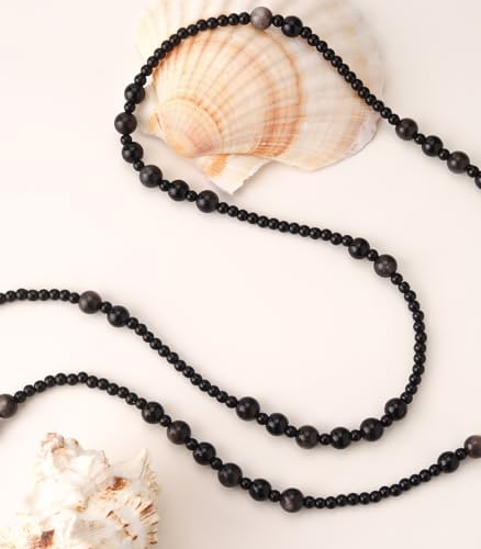 Long Beaded Necklaces for Women Pearl Stone Bead Strand - Layered Sweater Chain Elegant Mother's Day Jewelry Gifts - color: Black