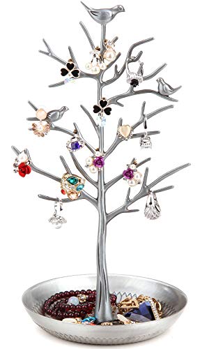 Jewelry Tree Stand Holder with Tray Ear Ring Organizer Silver | Metal Necklace Earring Display 11.8"×5.9" for Women Teen Girls Home Table Decor Tree-like Design with Bird on the Top - color: Silver