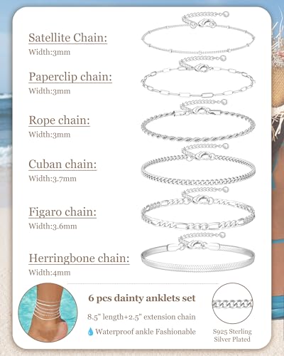 Besteel Ankle Bracelets for Women Waterproof 14K Gold Plated Anklets Set | Non Tarnish Stainless Steel, Plus Size Adjustable 8-12 Inch, Hypoallergenic Layered Cuban Link Chain Summer Foot Jewelry Gift - style: 6 Pcs Silver Cuban-8.5+2.5 Inch