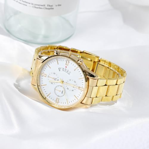 NEWITIN 4 Pieces Black Jewelry Set for Men Stainless Steel Watch Necklace Bracelet Ring Fashion Black Wristwatch Cuban Link Chain Cuban Jewelry Set for Men - color: Gold