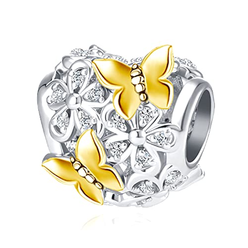 Butterfly Flower Garden Charm Magnolia Bloom Crystal Opennwork Enamel Bead for Pandora Charm Bracelet - style: Gold Butterfly