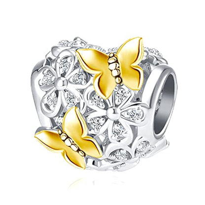 Butterfly Flower Garden Charm Magnolia Bloom Crystal Opennwork Enamel Bead for Pandora Charm Bracelet - style: Gold Butterfly