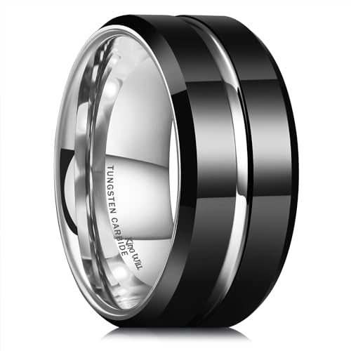 King Will Tungsten Carbide Wedding Band for Men Women-6/8/10mm Width Multicolor Available with Grooved Center Wedding Ring Suitable for Work, Gym Comfort Fit Size 4-16 - color: Black and Silver-10mm