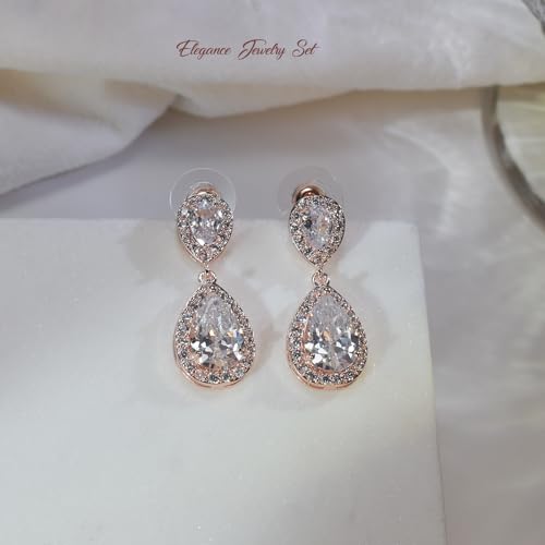 Bride Teardrop Earrings & Bracelet Wedding Jewelry Set, Cubic Zirconia Bridal Bridesmaid Party Formal Prom Gift - color: Rose Gold