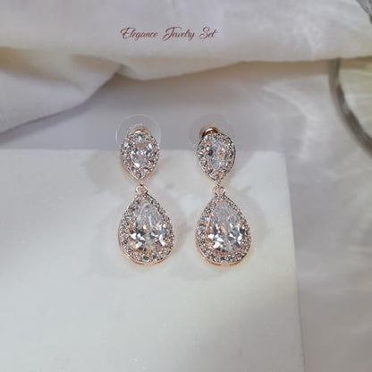 Bride Teardrop Earrings & Bracelet Wedding Jewelry Set, Cubic Zirconia Bridal Bridesmaid Party Formal Prom Gift - color: Rose Gold