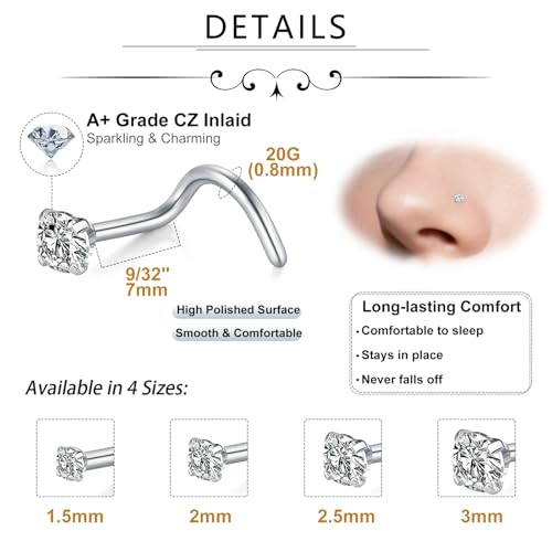 Incaton 20G Stainless Steel Nose Rings for Women Nose Rings Hoops L Shaped Nose Studs Screw Nose Piercing Jewelry for Women Men Silver Rose Gold Black Rainbow - color: 8P SCREWS SILVER