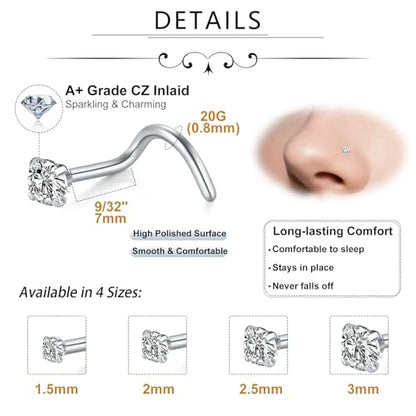 Incaton 20G Stainless Steel Nose Rings for Women Nose Rings Hoops L Shaped Nose Studs Screw Nose Piercing Jewelry for Women Men Silver Rose Gold Black Rainbow - color: 8P SCREWS SILVER