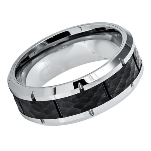 CRAAG- 8mm Tungsten Carbide Wedding Band, Two-Tone Silver Ring with Black IP Plated Hammered Finish Center, High-Polished Beveled Edge with Notches for Men and Women, Comfort Fit Scratchproof Anniversary Promise Band, Custom Engravable