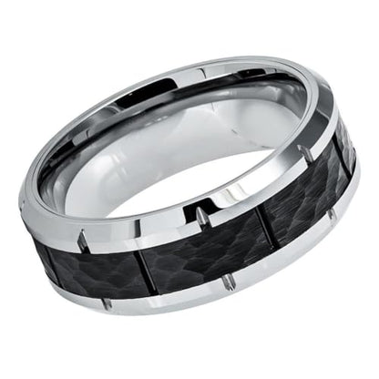 CRAAG- 8mm Tungsten Carbide Wedding Band, Two-Tone Silver Ring with Black IP Plated Hammered Finish Center, High-Polished Beveled Edge with Notches for Men and Women, Comfort Fit Scratchproof Anniversary Promise Band, Custom Engravable