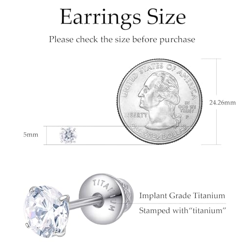 Limerencia Birthstone Screw Back Earrings G23 Implant Grade Titanium Stud Earrings Hypoallergenic Cubic Zirconia Posts Studs Jewelry Gifts for Girls Sensitive Ears - color: April
