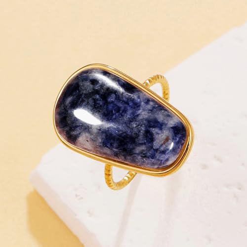 OIDIMS Gemstone Statement Ring for Women Gold-Tone Stainless Steel Natural Stone Rose Quartz Aventurine Turquoise Adjustable Open Band Stacking Finger Rings Boho Cocktail Wedding Party Jewelry - color: Blue Sodalite