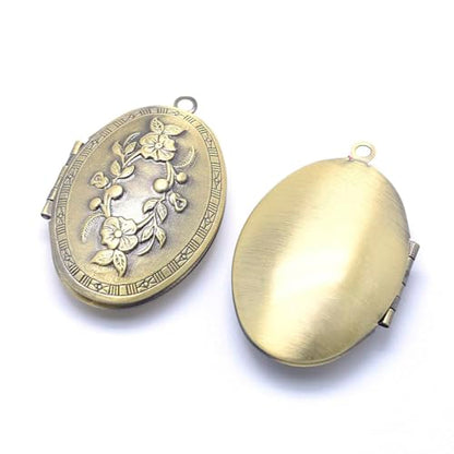 KitBeads 10Pcs Flower Locket Pendants Antique Bronze Oval Round Memorial Brass Photo Frame Charms for Necklaces Keychains Jewelry Making Crafts