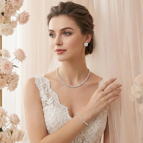 Silver Bridal Wedding Jewelry Set Necklace Earrings Bracelet,Silver | Elegant, Rhinestone, for Women, Bridesmaid, Bridal Wedding Jewelry Sets, Formal, Costume, Accessories
