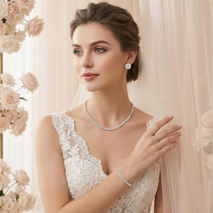 Silver Bridal Wedding Jewelry Set Necklace Earrings Bracelet,Silver | Elegant, Rhinestone, for Women, Bridesmaid, Bridal Wedding Jewelry Sets, Formal, Costume, Accessories