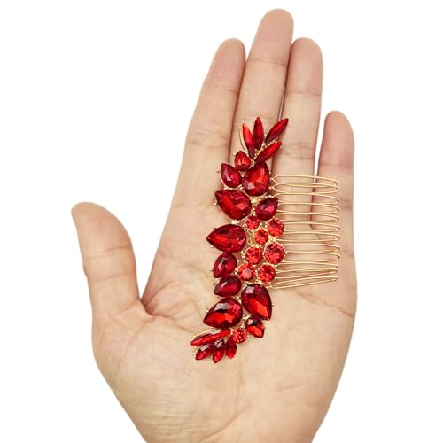 Bridal Crystal Hair Accessories Small Wedding Gold Hair Piece with Comb for Women Girls (Red) - color: Red