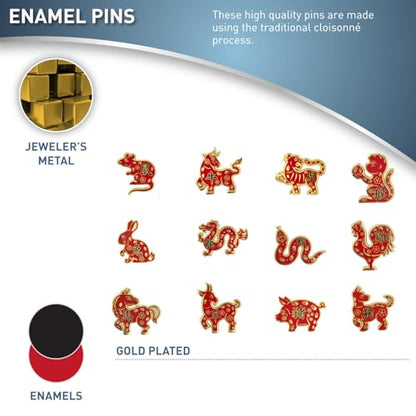 PinMart Chinese Zodiac Enamel Lapel Pin - color: Zodiac All Signs Gold Plated, size: 12pc Gift Set
