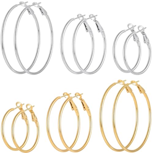 5/12 Pairs Gold Silver Plated Hoop Earrings for Women, Hypoallergenic Stainless Steel Hoops Earrings Set, Lightweight Large Small Hoops Women Earrings Loop Earrings Set - color: 6 Pairs Stainless Steel gold silver Plated Hoop Earrings