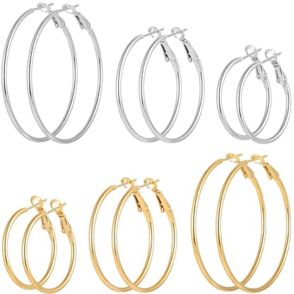 5/12 Pairs Gold Silver Plated Hoop Earrings for Women, Hypoallergenic Stainless Steel Hoops Earrings Set, Lightweight Large Small Hoops Women Earrings Loop Earrings Set - color: 6 Pairs Stainless Steel gold silver Plated Hoop Earrings
