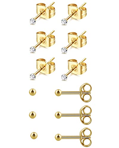 6Pairs 2mm/3mm Surgical Steel Hypoallergenic Piercing Studs, 20G 14K Real Gold Filled Tiny Stud Earrings Set for Multiple Hole Piercing (Cubic Zirconia, Pearl, Ball) - style: K : 2MM, Gold Ball + Cubic Zirconia, 6 Pairs