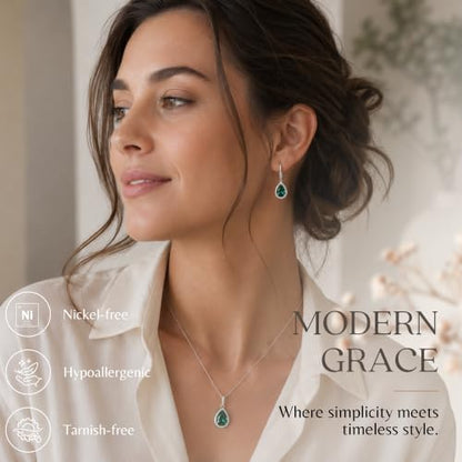 Jewelry Sets for Women, Necklace and Earring Sets for Women, Birthstone Jewelry, Genuine or Synthetic Gemstones, Teardrop Necklace and Dangle Earrings, Pendant Necklace, Sterling Silver Jewelry - color: Simulated Emerald