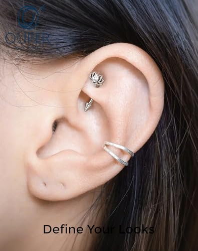 OUFER 16G Rook Piercing Jewelry, Lotus Eyebrow Earrings, 316L Surgical Steel Rook Earrings, Curved Barbell Lip Rings, Helix Cartilage Piercing Jewelry for Women - color: Silver