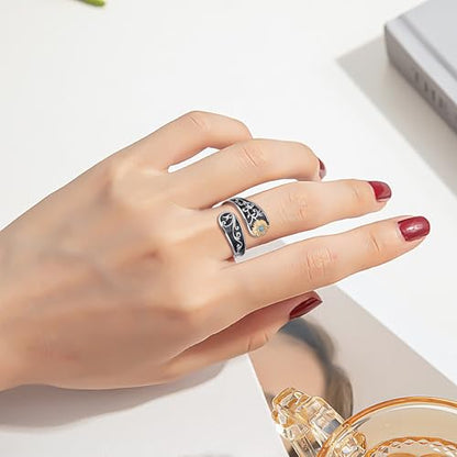 FLYOW Sterling Silver Sunflower Spoon Ring Victorian Style Boho Antique Flower Adjustable Open Ring Retro Statement Cubic Zirconial/Turquoise/Oxidized Thumb Rings for Women Birthday Christmas Jewelry - style: Turquoise-7