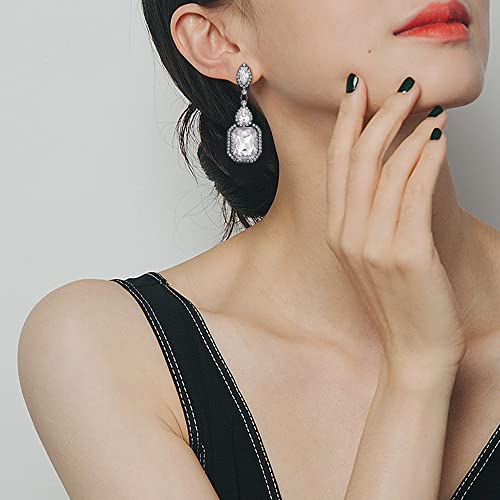 Women's Wedding Bridal Crystal Emerald Cut Infinity Figure 8 Chandelier Clip-On Dangle Earrings - color: Clear Black-Tone