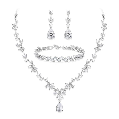 Gorgeous Wedding Jewelry Set for Women Bridal Cubic Zirconia Marquise Teardrop Leaf Cluster Y-Necklace Dangle Earrings Link Bracelet - color: 01-Clear Silver-Tone