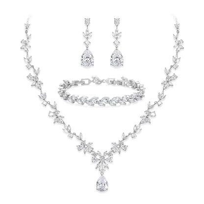 Gorgeous Wedding Jewelry Set for Women Bridal Cubic Zirconia Marquise Teardrop Leaf Cluster Y-Necklace Dangle Earrings Link Bracelet - color: 01-Clear Silver-Tone