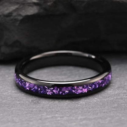 Tungsten Rings for Men and Women 8mm/4mm Men’s Wedding Bands | 8mm Black Inlaid Purple Galaxy Opal Fashion High Polished Suitable for engagement and anniversary parties comfortable fit - color: 4mm black and purple
