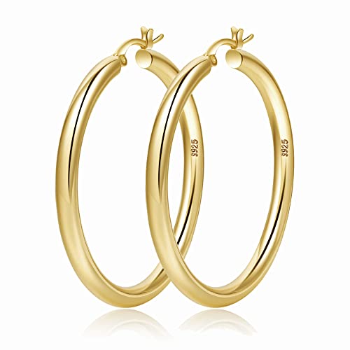 4mm Thick Gold Chunky Earrings Steling Silver Post Hoops Earrings For Women Hollow Tube Hoops Earrings Thick Gold Hoop Earrings Hypoallergenic Lightweight Gold Hoop Large Earrings 20/30/40/50/60MM - color: Gold,50mm