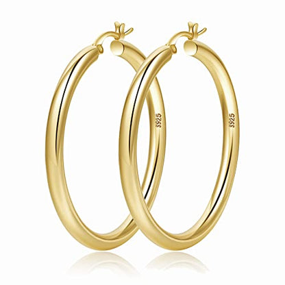 4mm Thick Gold Chunky Earrings Steling Silver Post Hoops Earrings For Women Hollow Tube Hoops Earrings Thick Gold Hoop Earrings Hypoallergenic Lightweight Gold Hoop Large Earrings 20/30/40/50/60MM - color: Gold,50mm