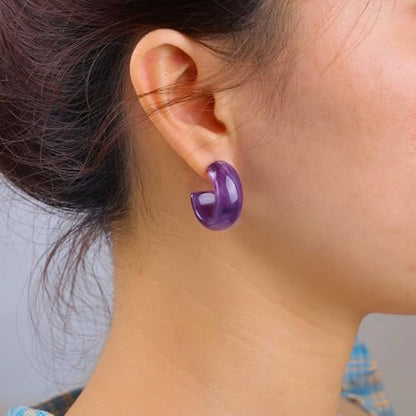 Vintage Acrylic Hoop Earrings - Purple Resin C Shape Studs - Chunky Open Hoop Earrings - Women's Jewelry