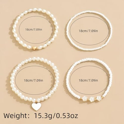 Pearl Bracelets for Women Simulated Pearl Beaded Bracelet White Pearls Stackable Stretch Bracelet Set Multilayered Elastic Pearls Bracelets for Women Bridesmaid Bridal Jewelry - color: white heart